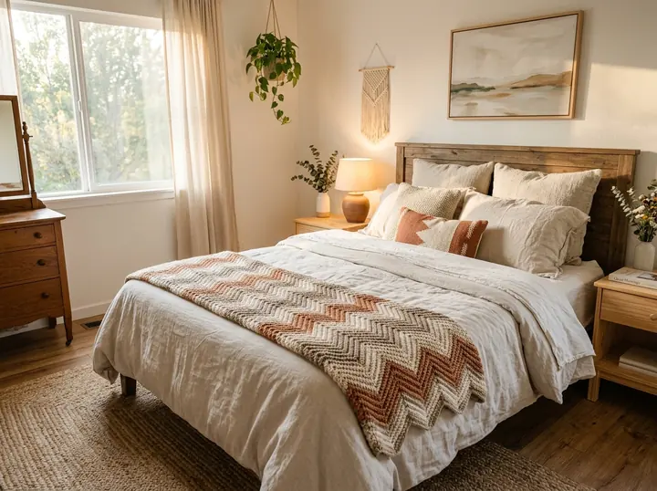 Schlafzimmer mit gehäkeltem Chevron-Bettläufer
